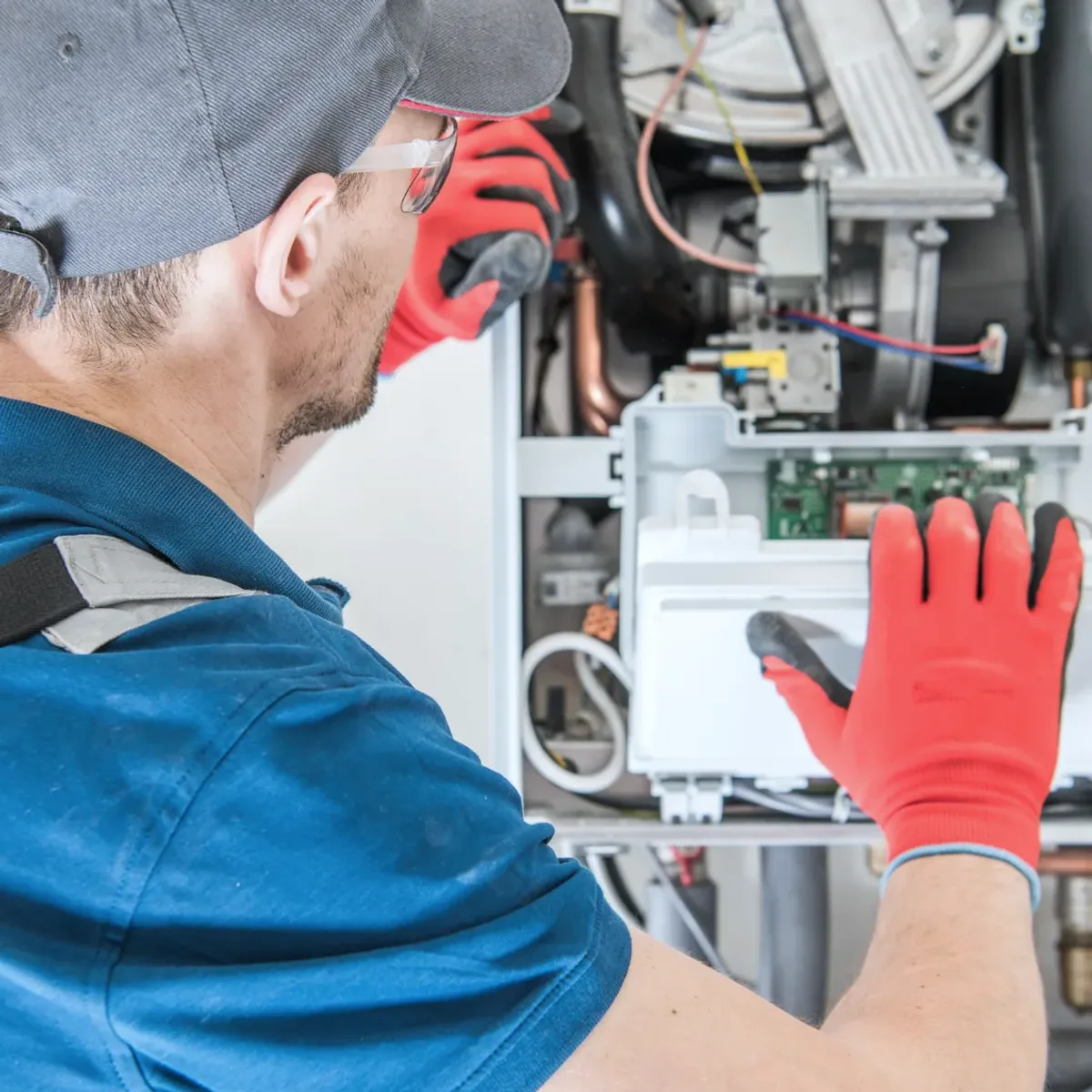 Technician in red gloves servicing a boiler's controls