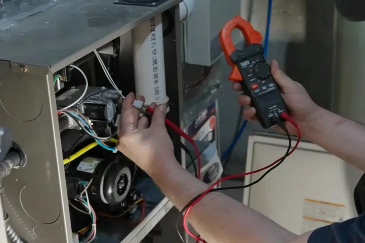 Technician testing a furnace's wiring with a clamp meter