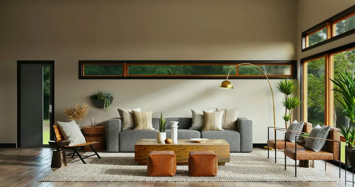 Bright living room with a grey sofa and large windows